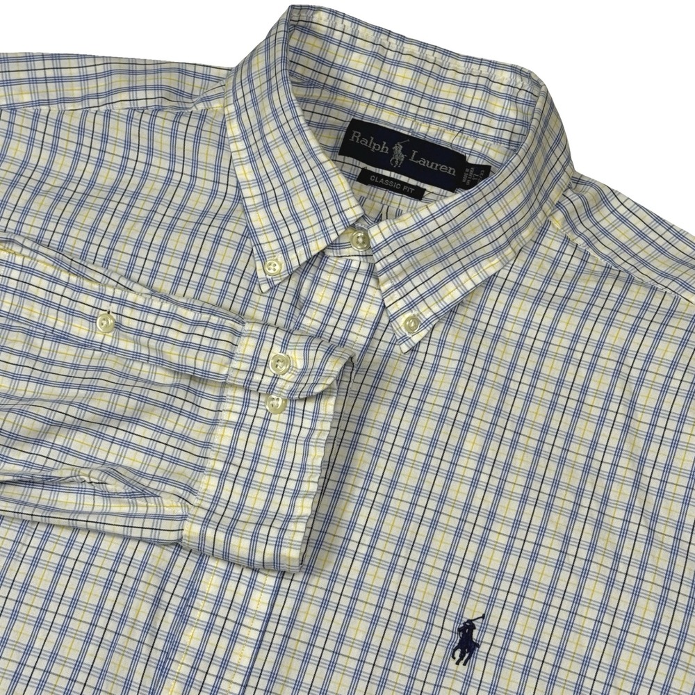 Ralph Lauren Mens Plaid Button Down Shirt Blue Yellow Classic Fit 17 32/33